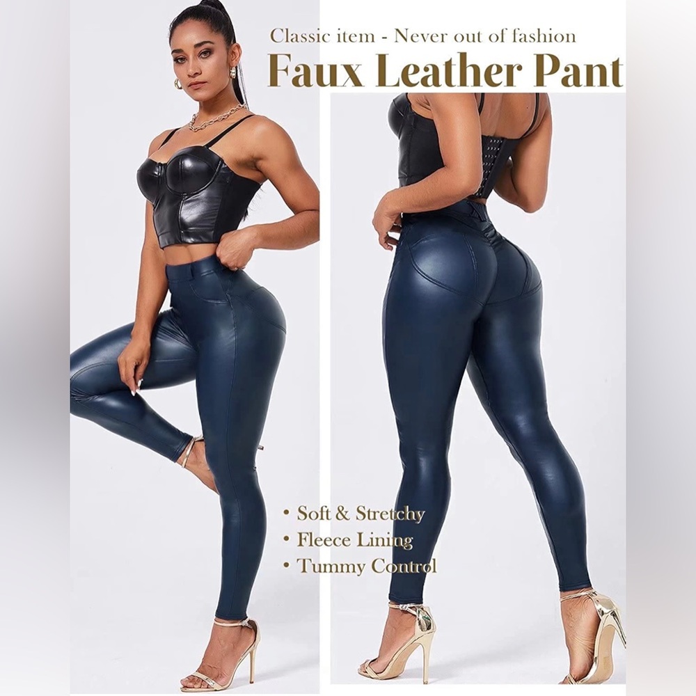 HOT! Navy Faux Leather Booty Lifting Pants - Picture 1 of 11
